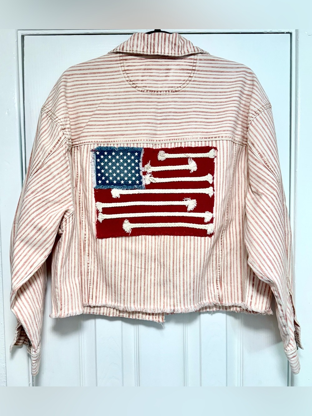Upcycled Striped Cropped Jean Jacket - Red & White with flag on the back